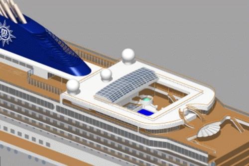 Maqueta realizada por simulación informática de como será la piscina cubierta del MSC Magnifica, con su cúpula de cristal retráctil MSC MAGNIFICA MAGRODOME POOL PISCINA CUBIERTA MSC MAGRODOME PISCINA